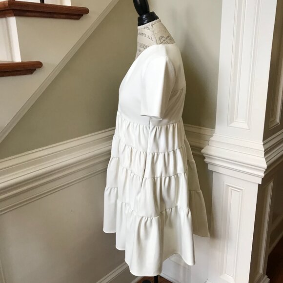 STAUD Vegan Leather Mini Cocoon Dress Womens Small Ivory V-Neck Short Sleeve - Picture 8 of 11
